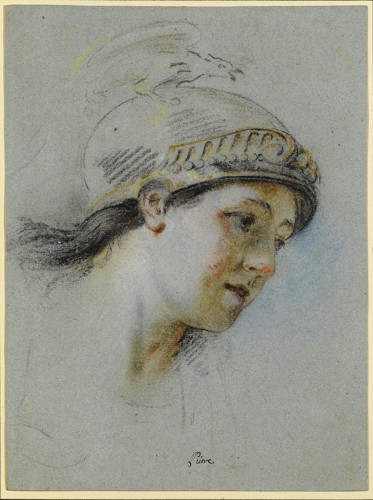 The Head of a Female Figure Wearing a Helmet